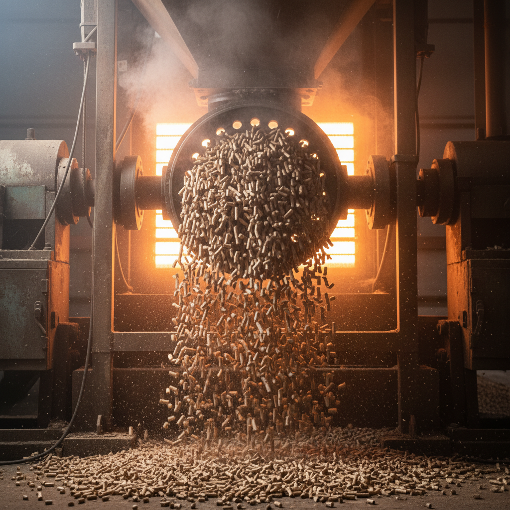Wood pellets tumbling from die face inside industrial pellet mill, backlit by sodium light with steam rising from freshly extruded cylinders