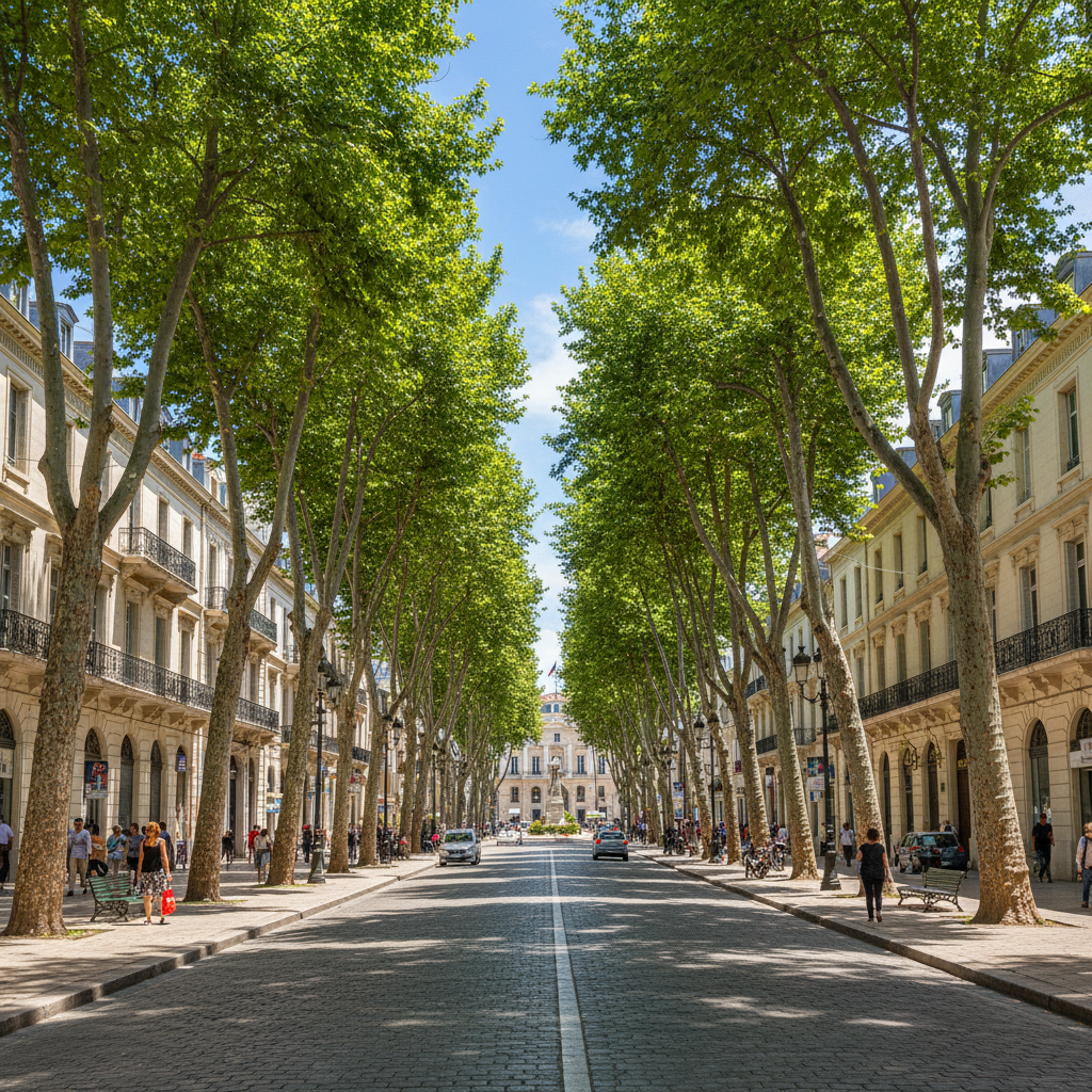 Avenue principale de Sidi Bel Abbès avec arbres alignés et bâtiments administratifs