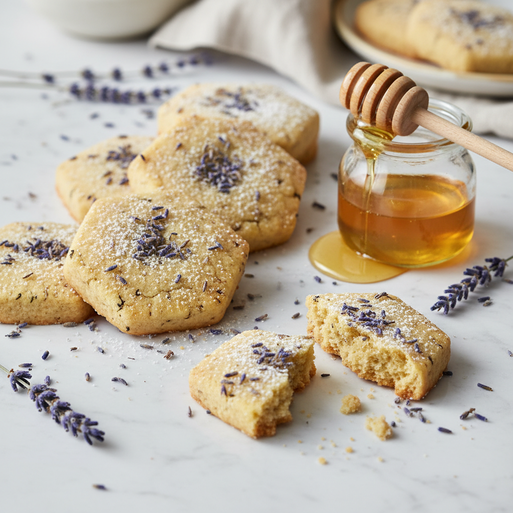 Golden shortbread cookies dusted with lavender, arranged on parchment paper, warm afternoon light