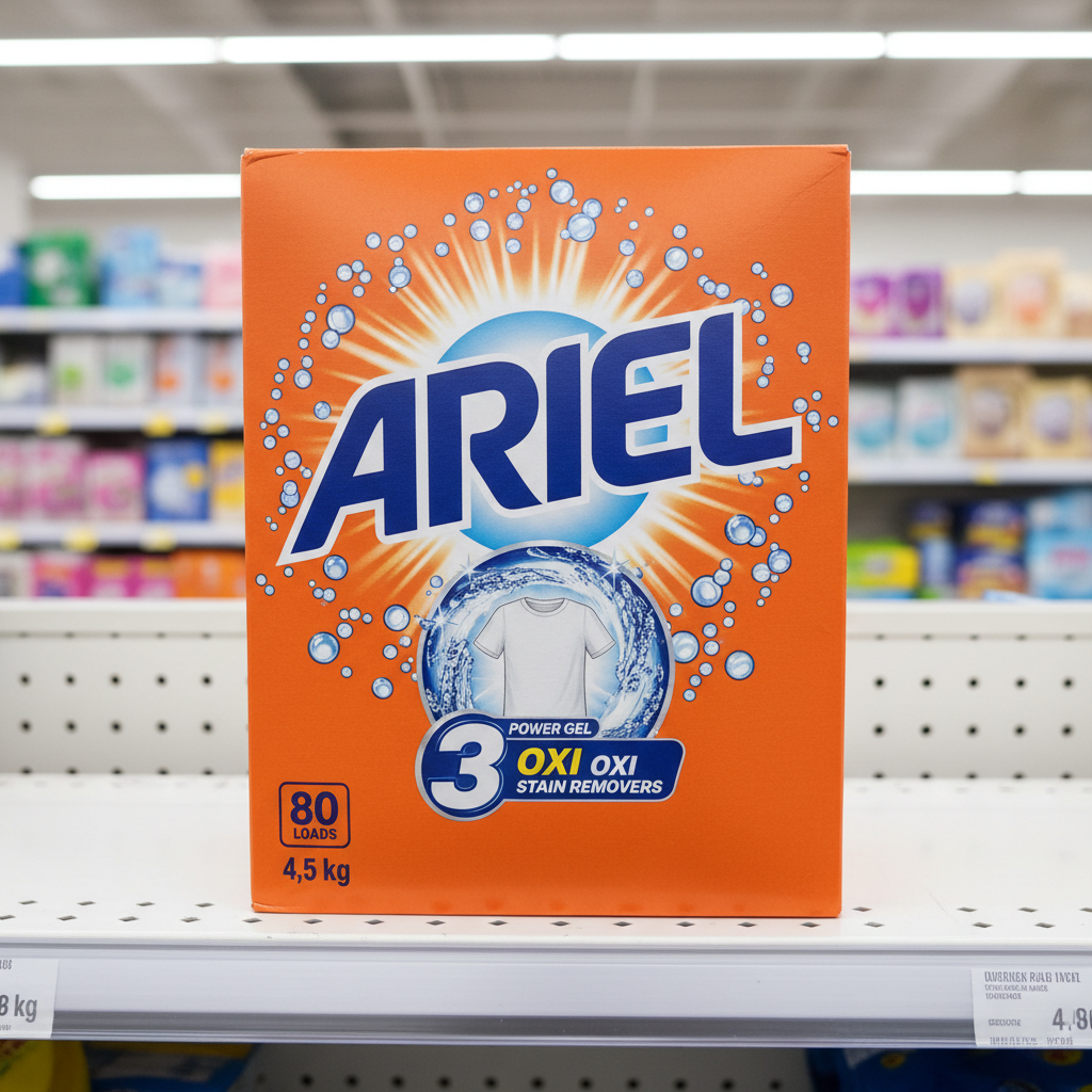 Laundry detergent powder box in blue and white packaging