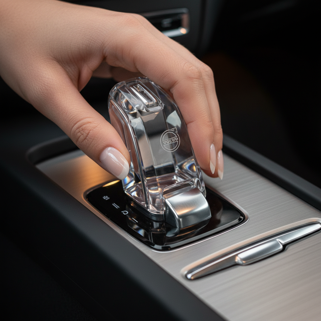 Hand closing a Volvo crystal gear selector in a dark cockpit interior, ambient lighting glowing on brushed aluminum