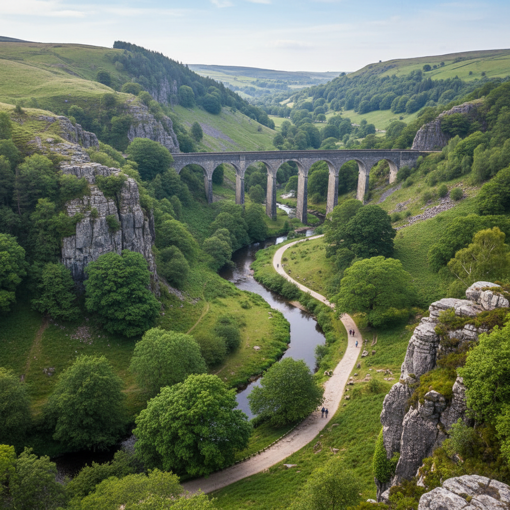 Scenic Monsal Dale limestone gorge with viaduct and gentle walking trail