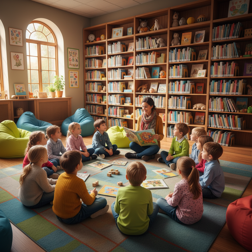 Niños participando en actividad creativa de cuentos y pintura en biblioteca colorida
