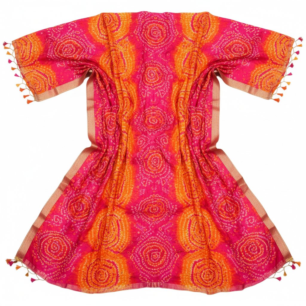 Colorful bandhani print crop top folded neatly, vibrant orange and pink tones