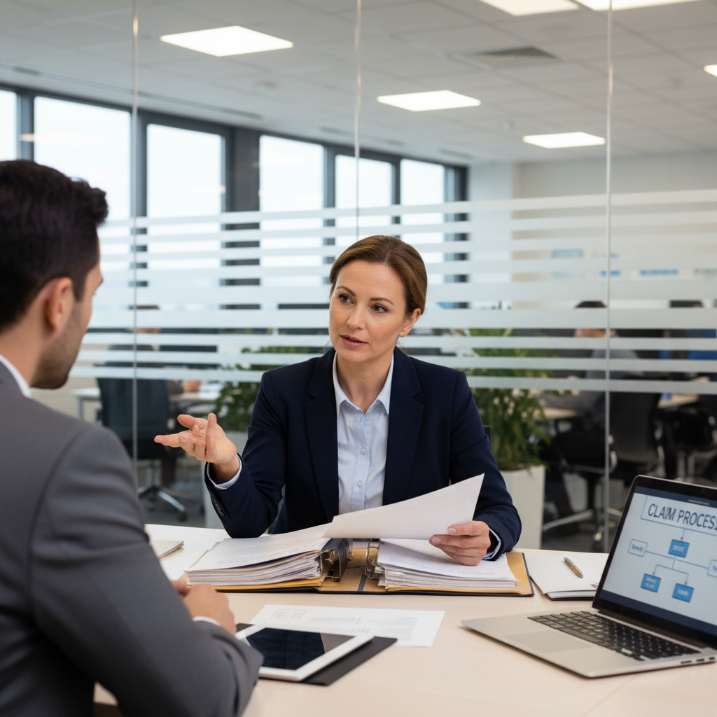 Financial advisor helping a client with compensation claim paperwork in a professional office