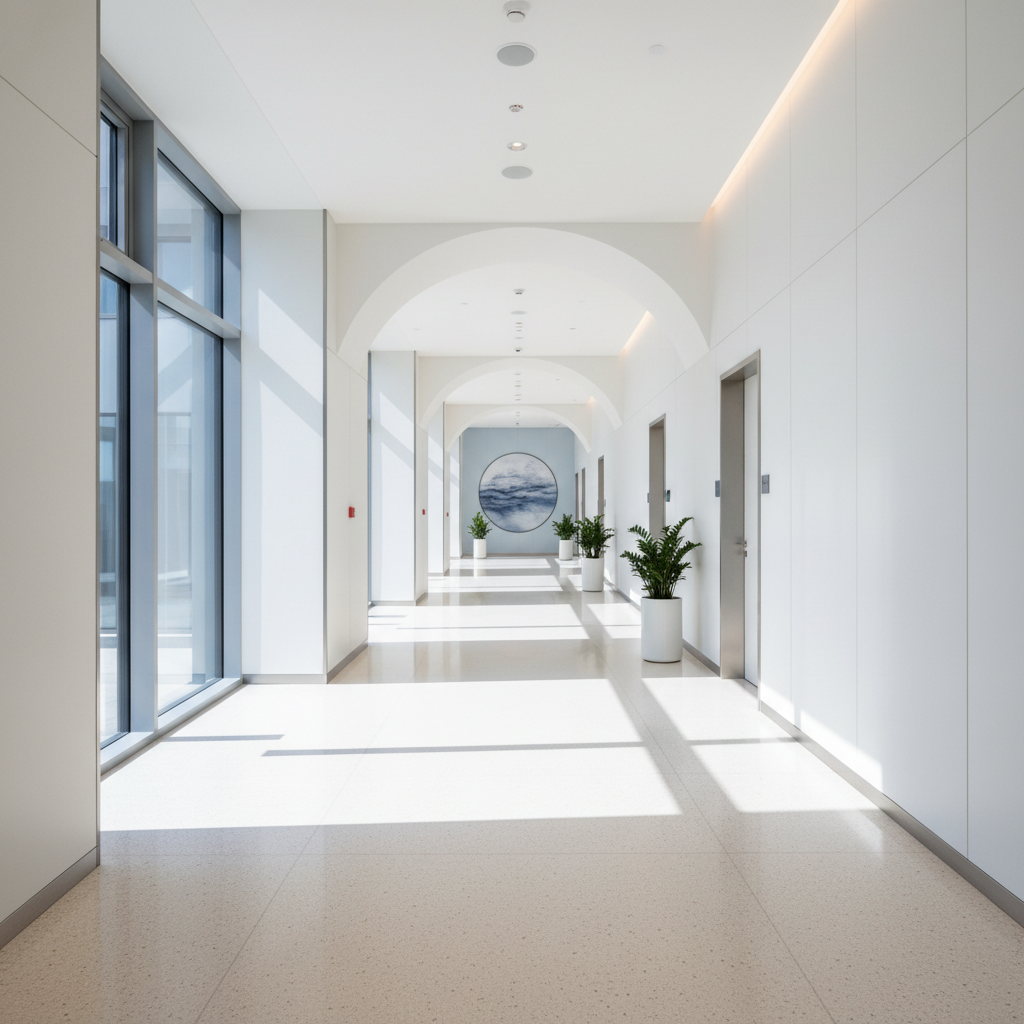 Elegant neurology clinic interior hallway, warm lighting, dim atmospheric corridor, dark polished floors