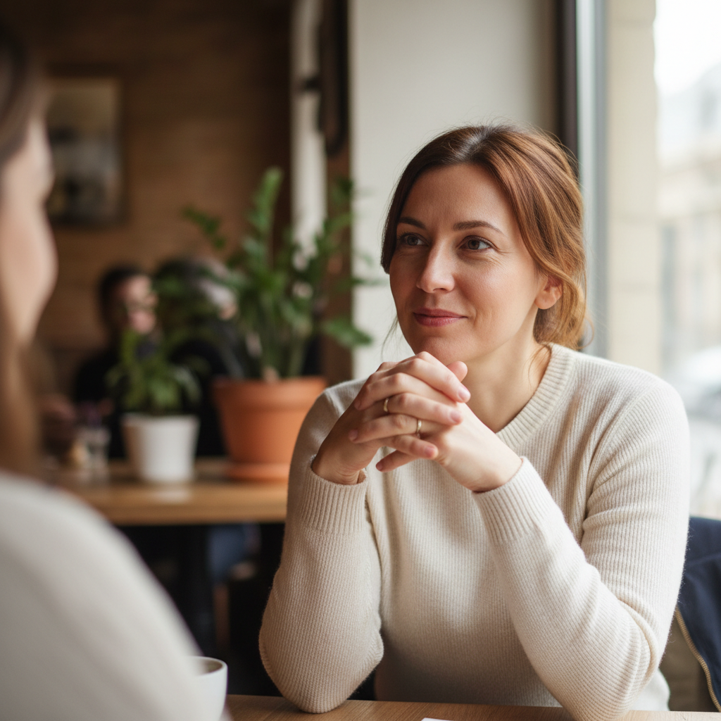 Person in conversation, attentive posture