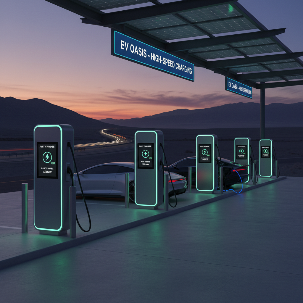 Tesla electric vehicle at supercharger station at sunset