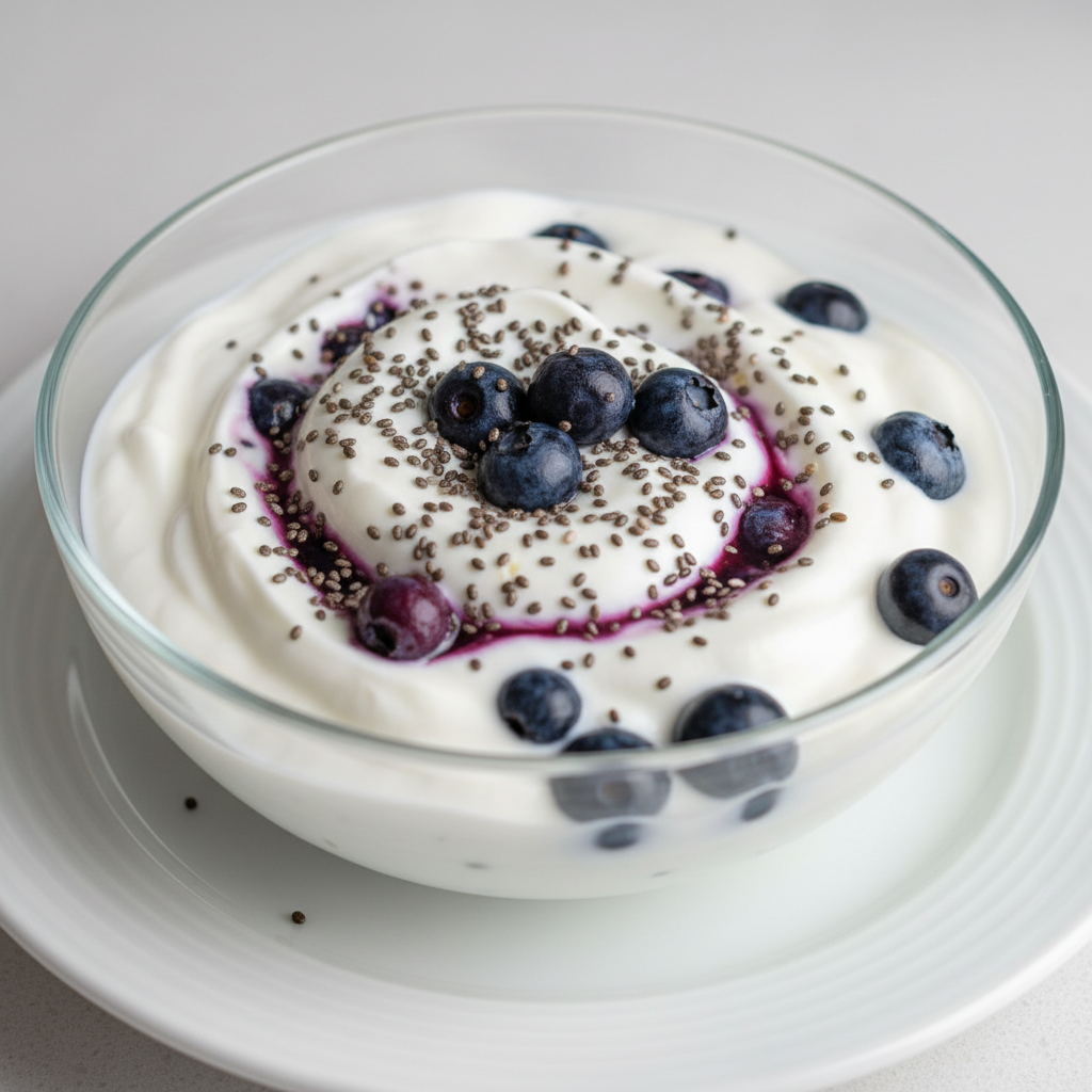 White creamy Greek yogurt in glass bowl with fresh berries on light surface