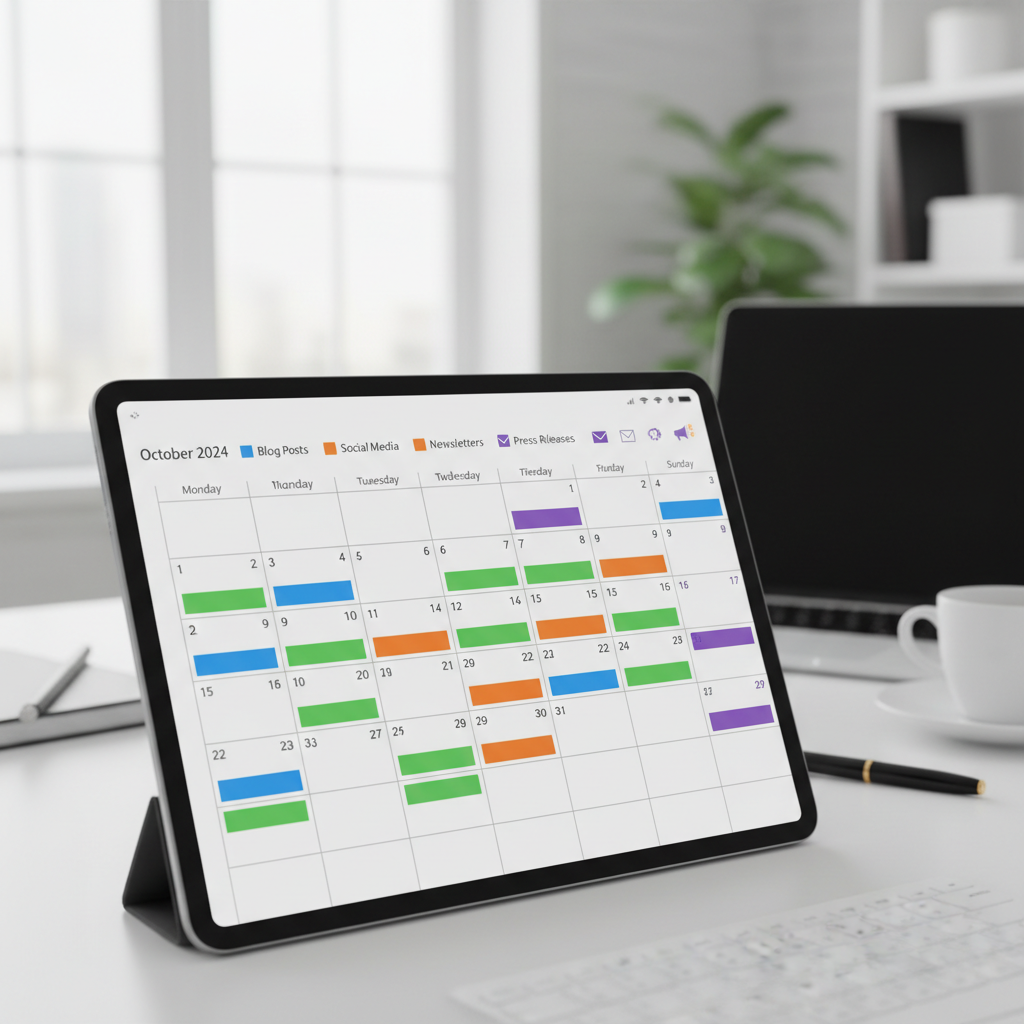 Annual compliance calendar template displayed on tablet with color-coded deadlines