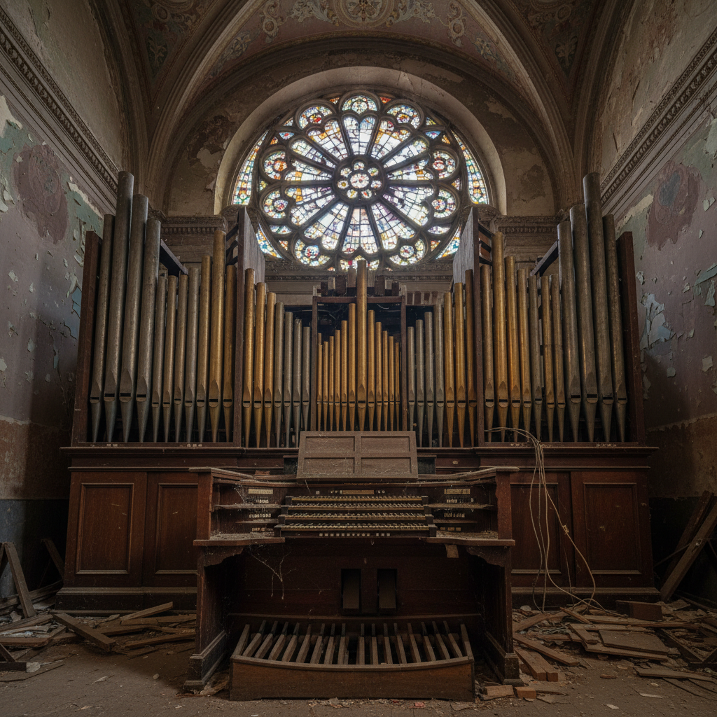 Large four-manual concert organ in university chapel showing deterioration and inconsistent pipe ranks