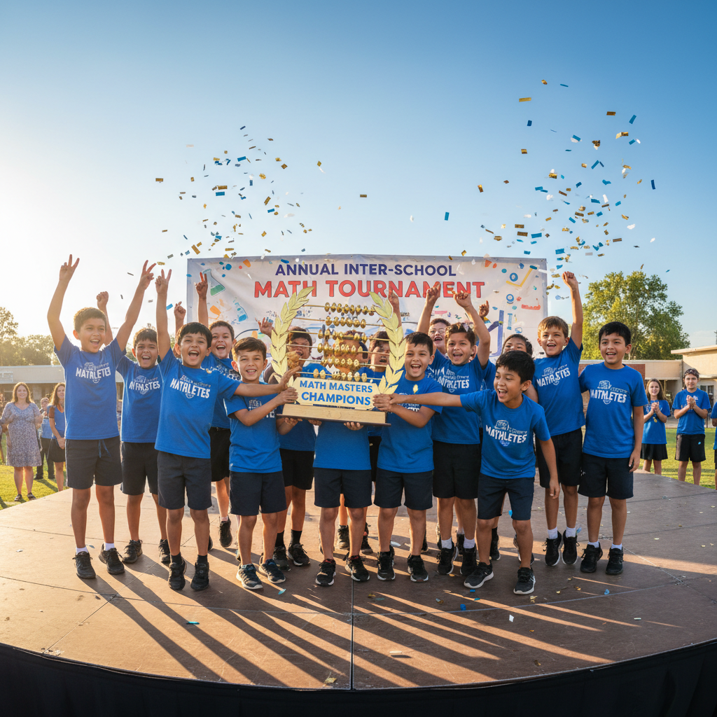 Group of kids in matching outfits holding trophies and smiling