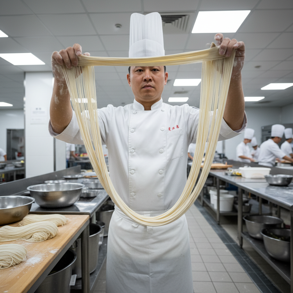 Chef hands stretching fresh noodle dough into long thin strands