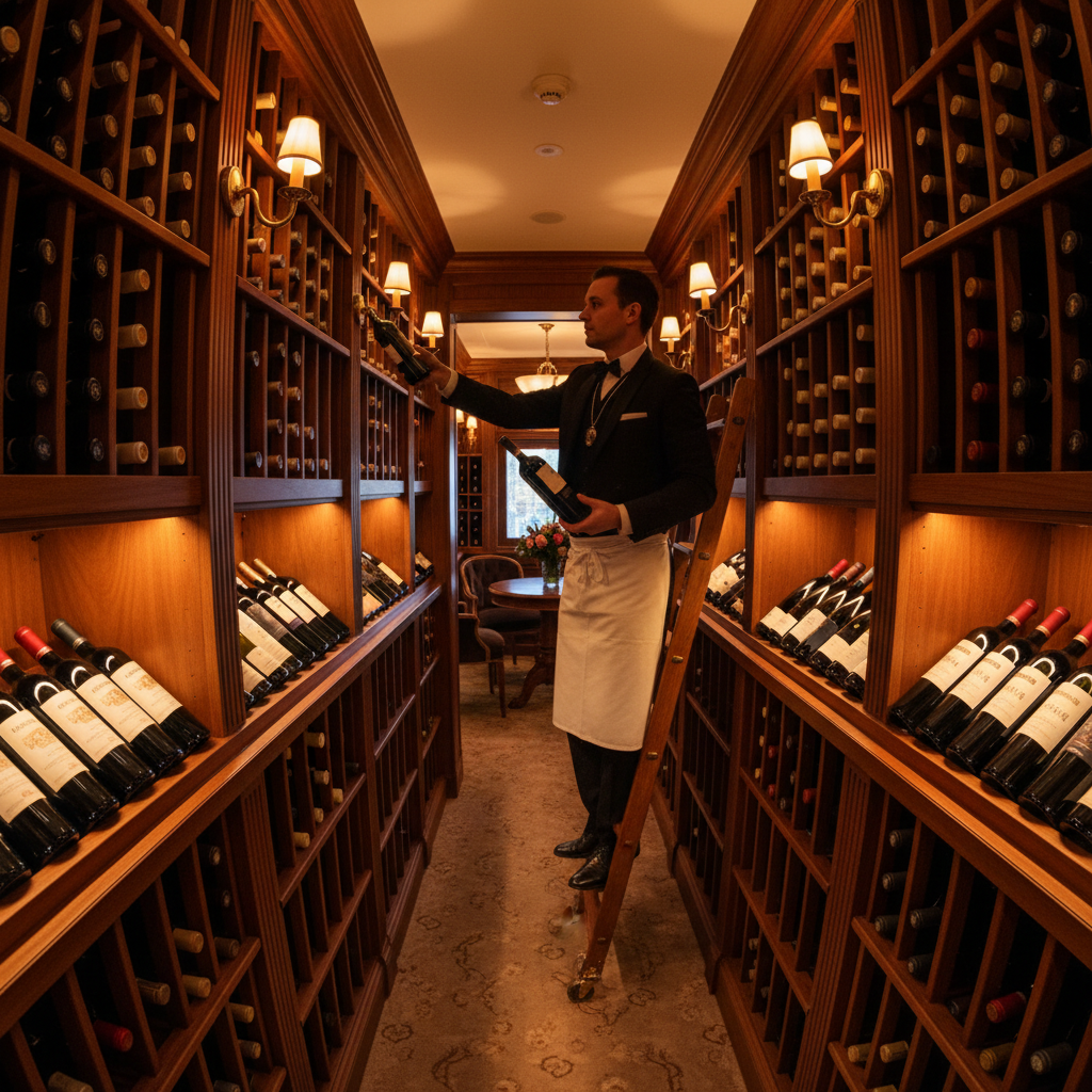 Curated wine cellar in the GrandRail dining car with mahogany wine racks, amber lighting, and a sommelier selecting a bottle