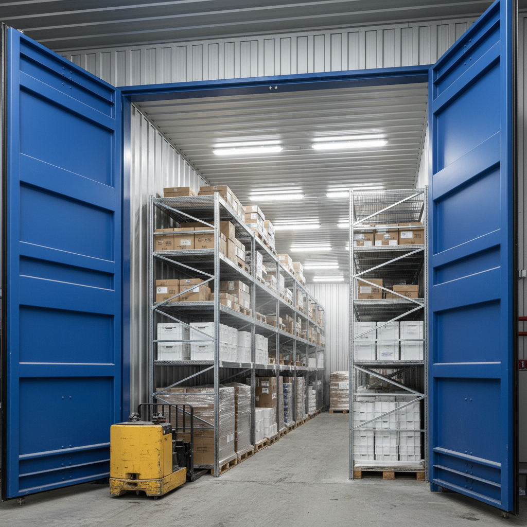 Industrial cold storage facility with frozen poultry products, blue-lit warehouse, steel shelving, dark atmospheric lighting