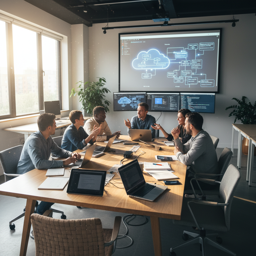 Modern office with cloud infrastructure diagrams and team collaboration