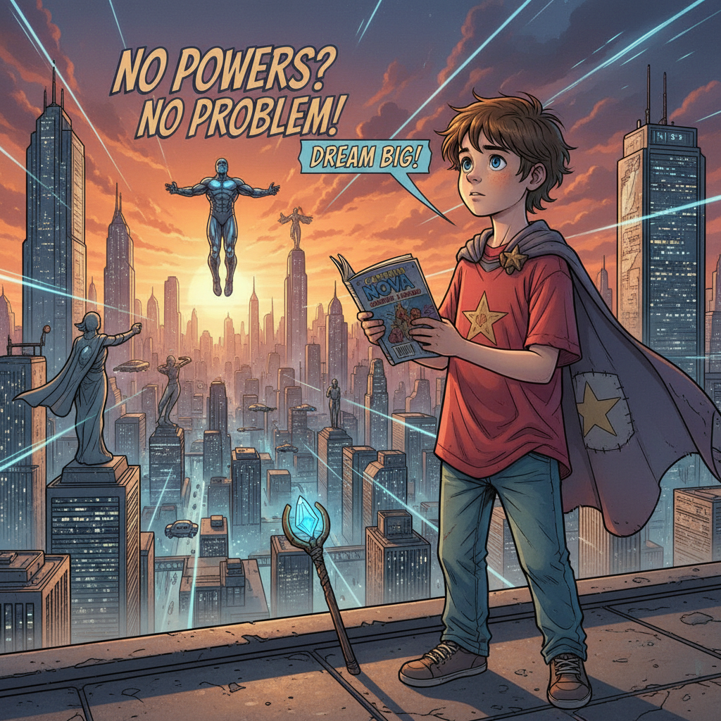 Illustrated book cover with a superhero boy at a colorful outdoor market surrounded by children trading toys and books