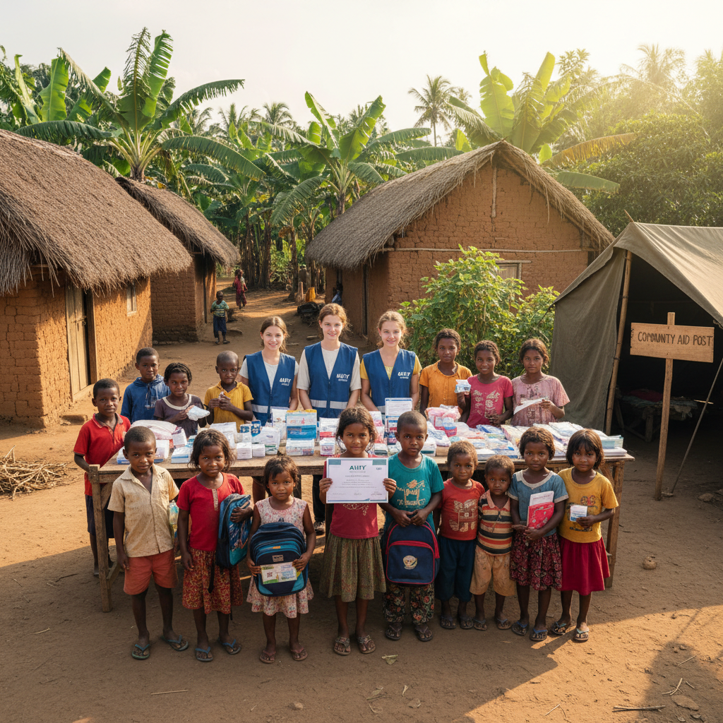 Young beneficiaries of AUVF welfare support program receiving assistance in a village setting