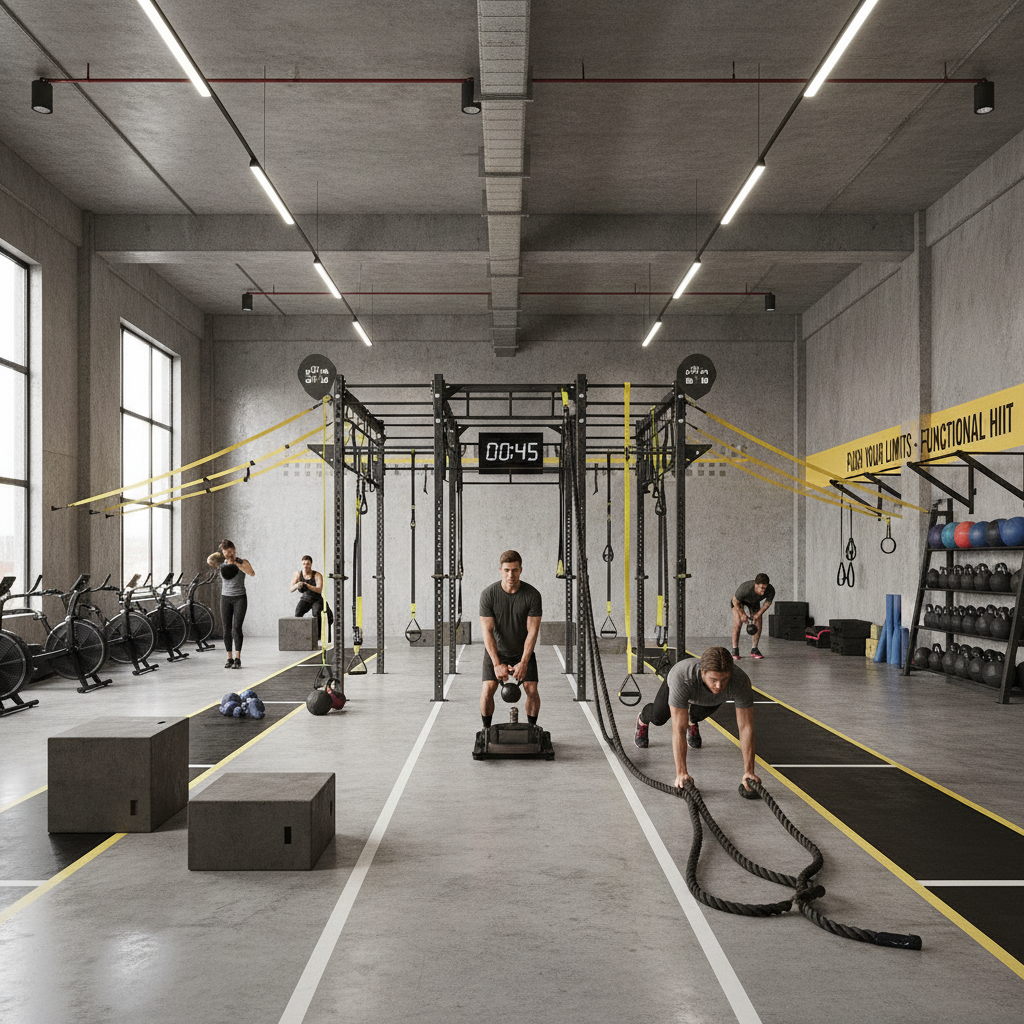 Fitness instructor doing HIIT exercises in bright modern gym