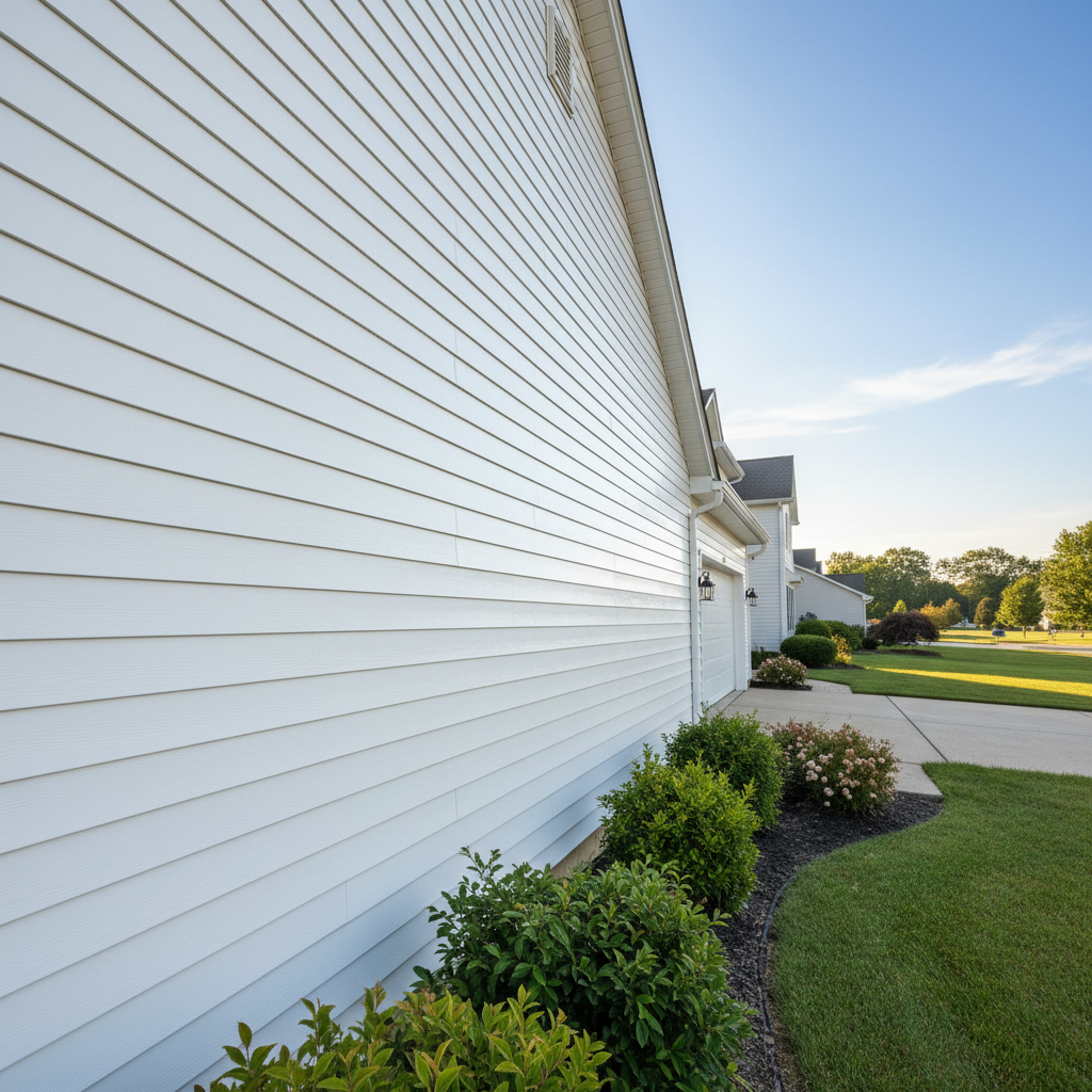 Residential house with freshly installed white vinyl siding, green lawn, suburban neighbourhood