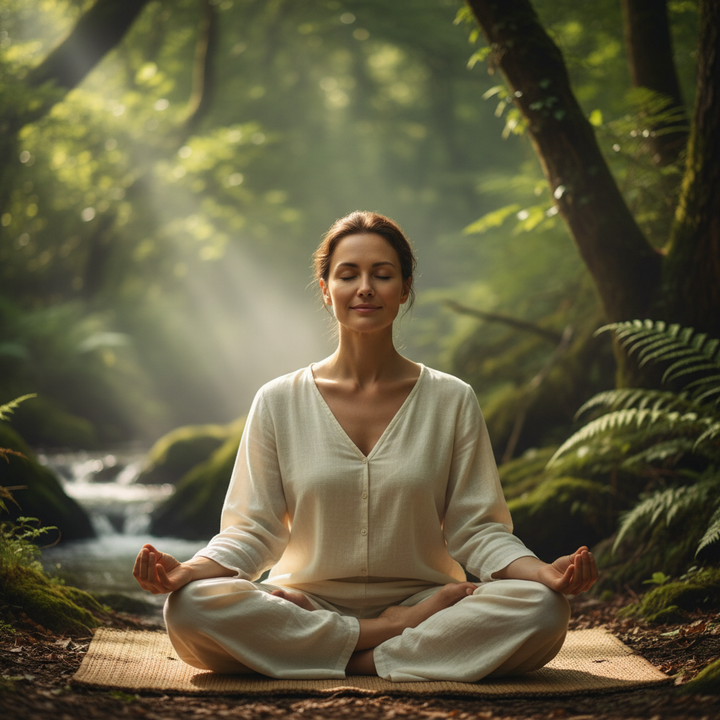 Person meditating peacefully with coach guidance in serene environment