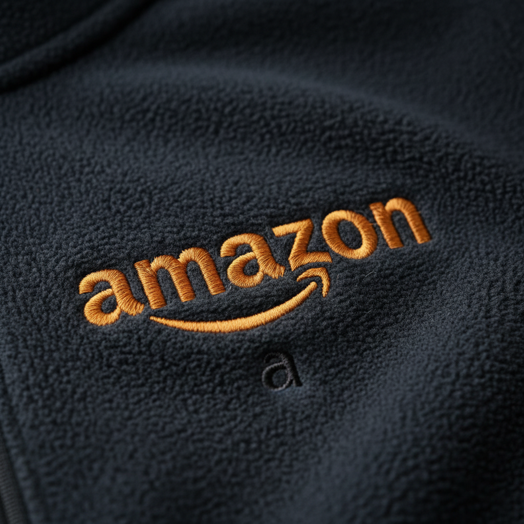 Macro photograph of Amazon smile logo embroidered on dark fleece jacket showing thread crossings