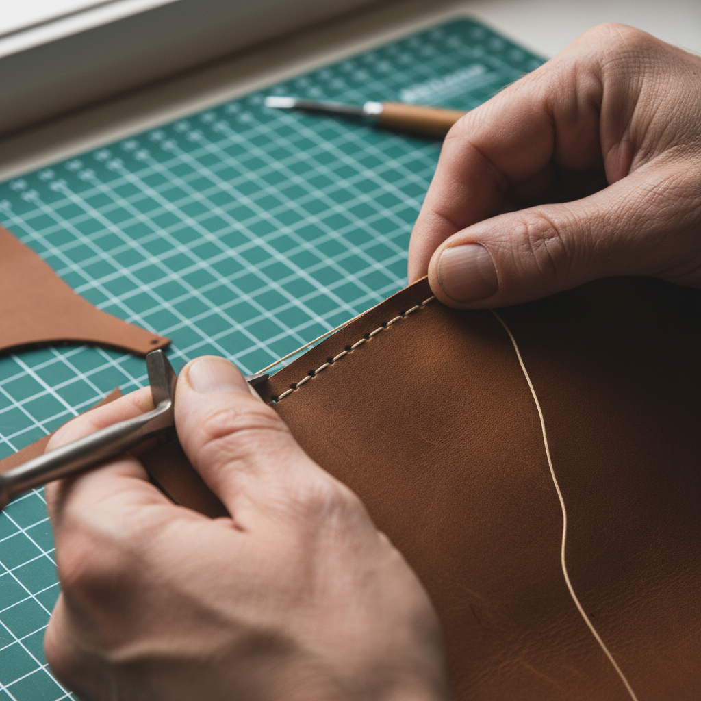 Close-up of a needle pulling waxed linen thread through a leather eyelet, hands weathered from years of craft