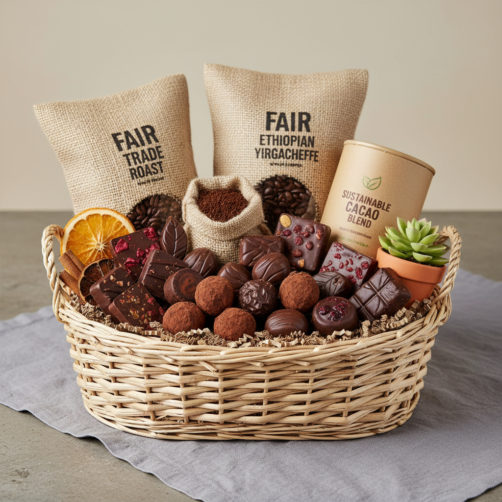 Close-up view of artisanal chocolates and premium nuts arranged in gift basket