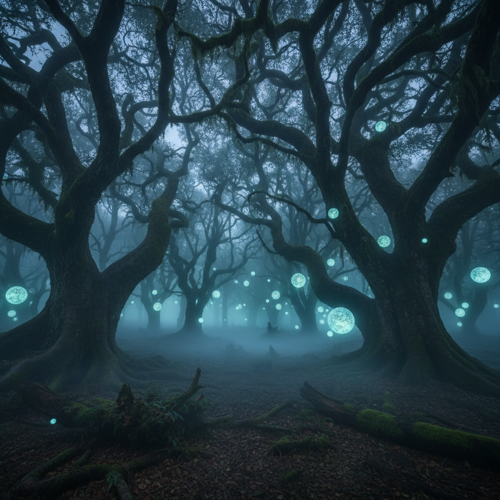Dark forest at night with glowing eyes and mist