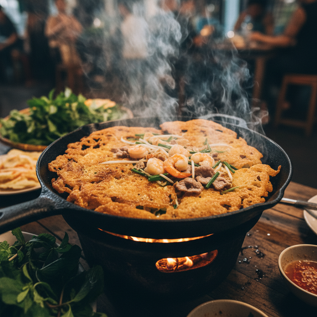 Crispy golden bánh xèo sizzling in a cast iron pan over open flame with visible steam and caramelized edges