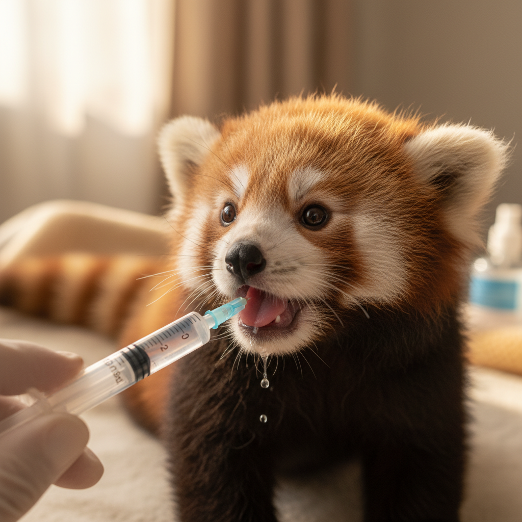 Hazel receiving fluid treatment via syringe at the rescue centre on arrival