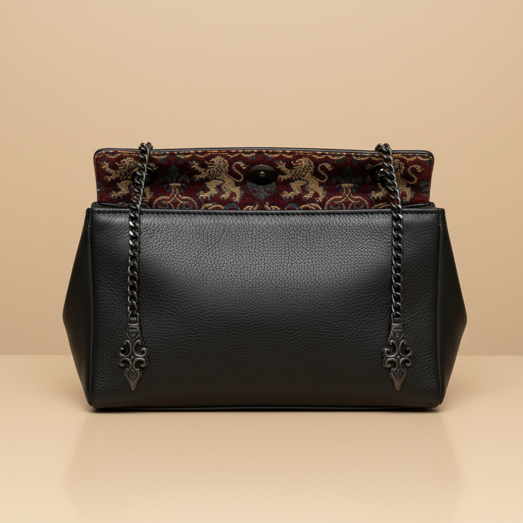 Vesper Chain Bag — black leather bag with hand-oxidized chain pulls and medieval lining