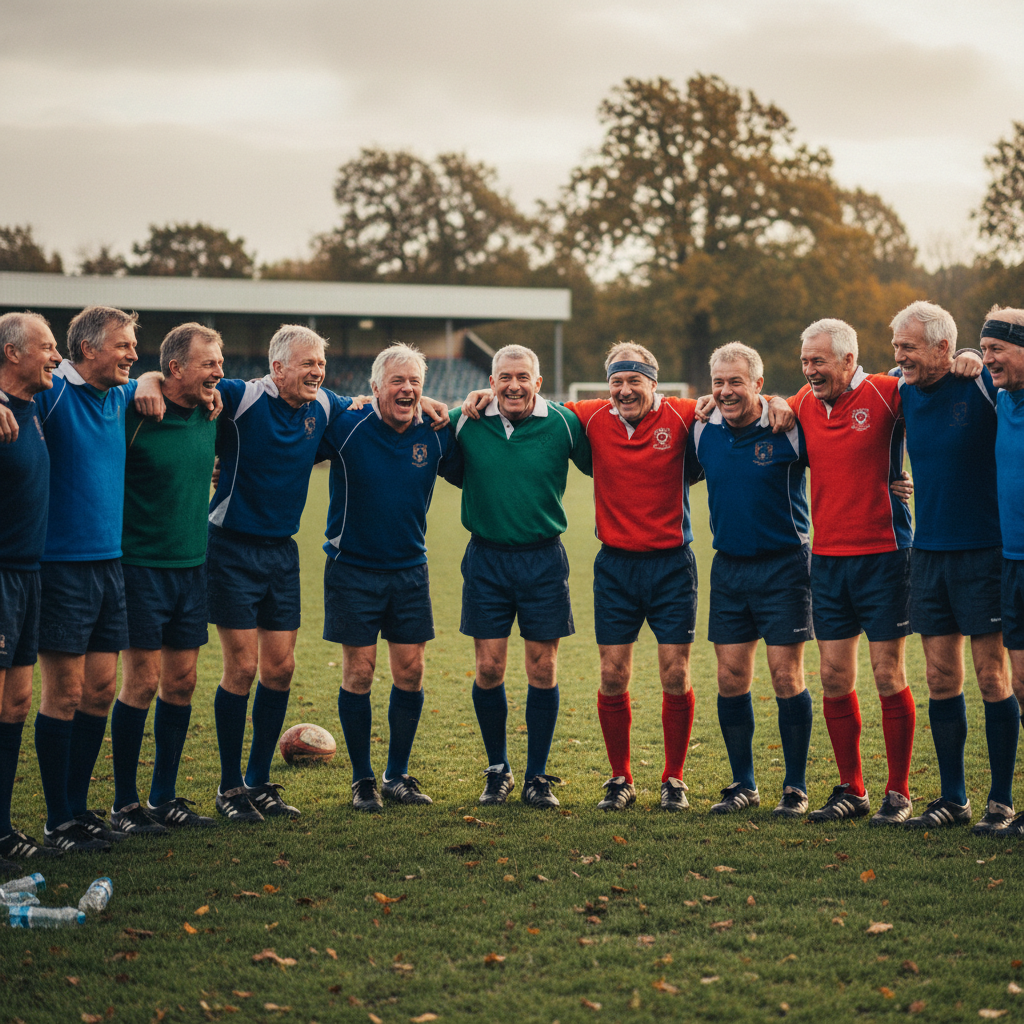 Rugby players celebrating in the clubhouse bar after a match, arms around each other