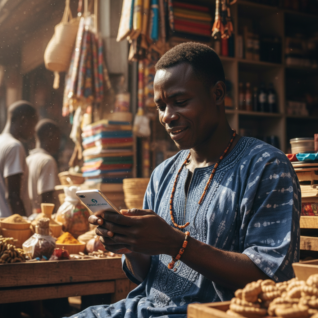 Personne effectuant un paiement mobile Wave sur smartphone dans un marché sénégalais animé, lumière naturelle chaude