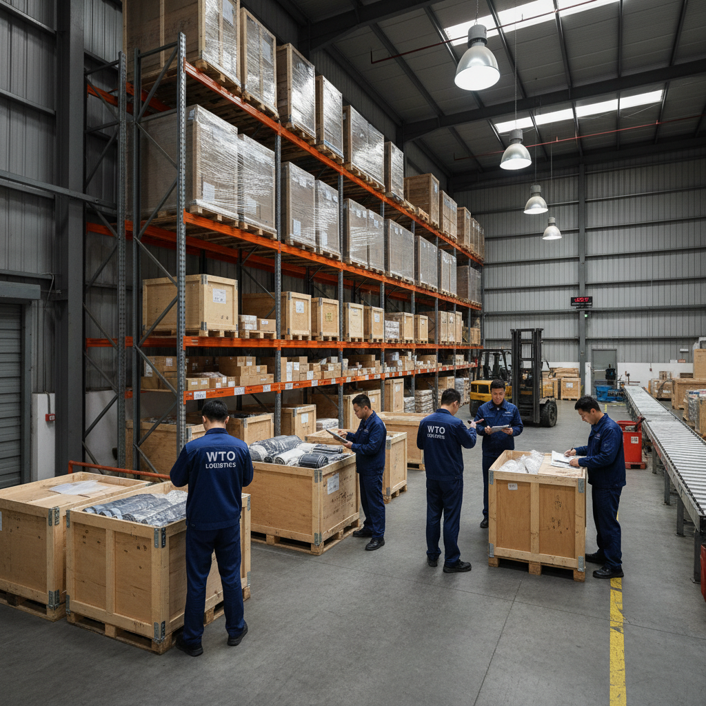 WTO logistics team in China warehouse inspecting cargo, industrial facility with ambient lighting, dark steel walls, professional staff in branded uniforms