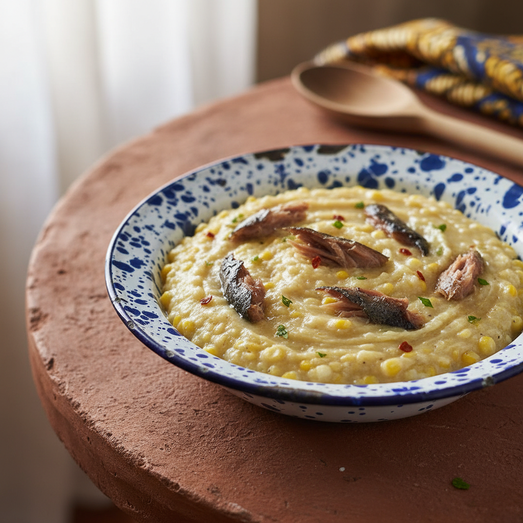 Djenkoumé corn porridge with smoked fish in enamel bowl on terracotta table