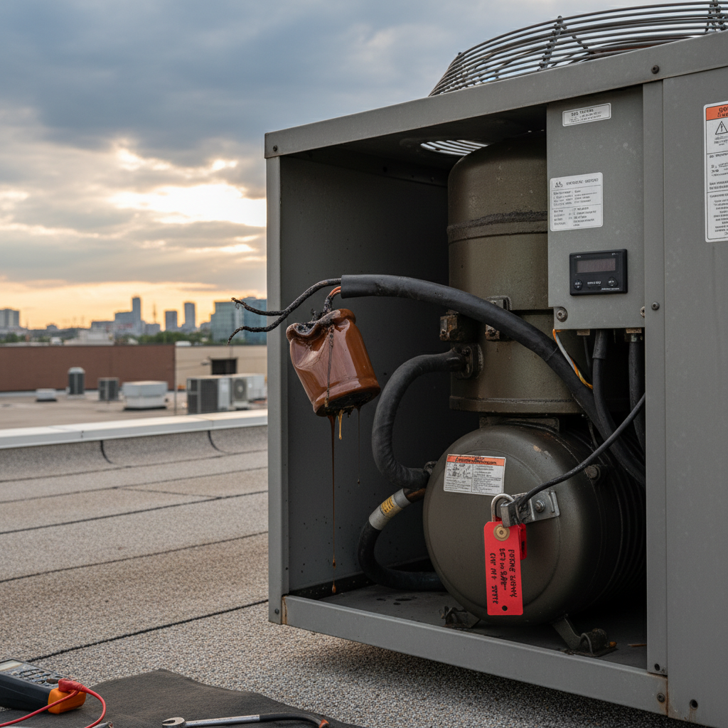 HVAC rooftop unit with failed capacitor and locked-out compressor requiring emergency service