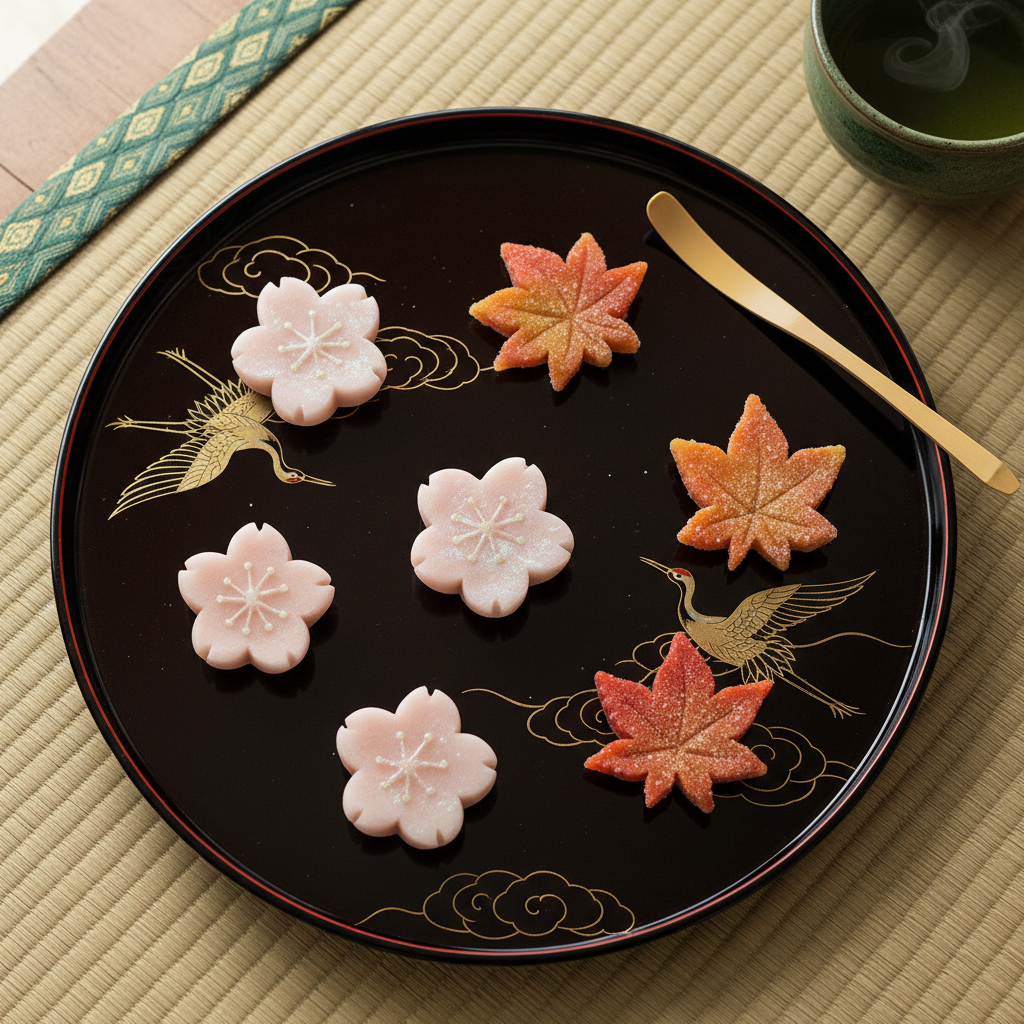 Seasonal omakase menu spread on lacquered tray — wagashi dessert, multiple nigiri pieces, and a small ceramic cup of dashi