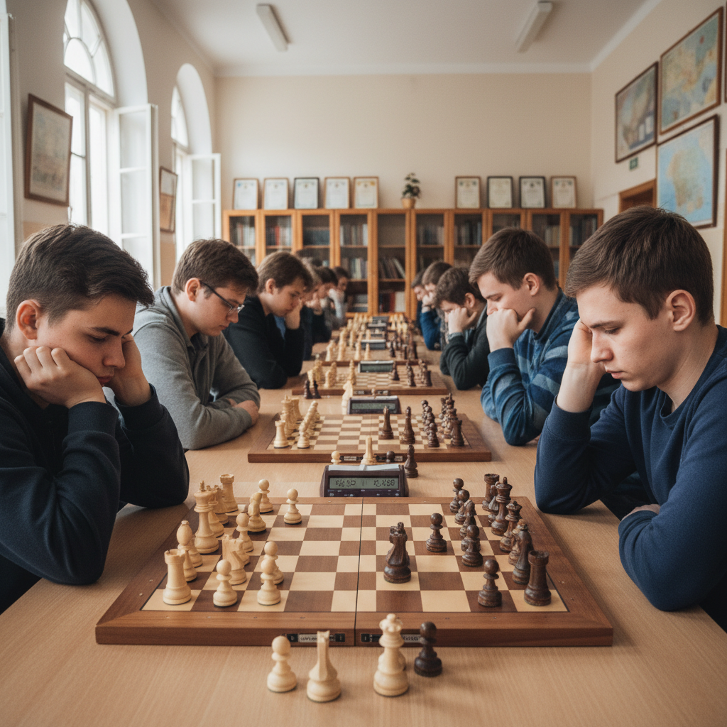 Students at a chess tournament, concentration visible on their faces, community hall setting