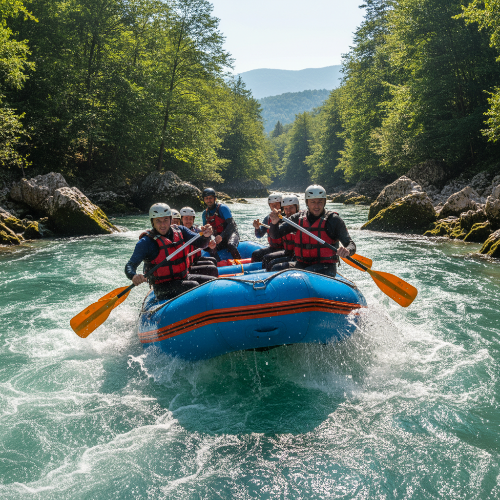 White water rafting on Una River with professional guide and safety equipment