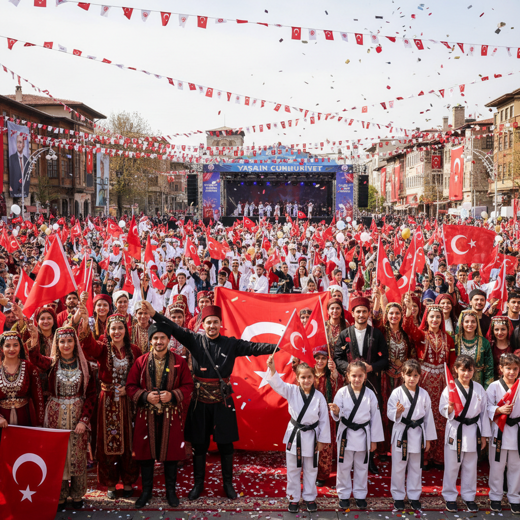 Turkish families in traditional attire and martial arts uniforms participating in Republic Day celebration with flags and decorations