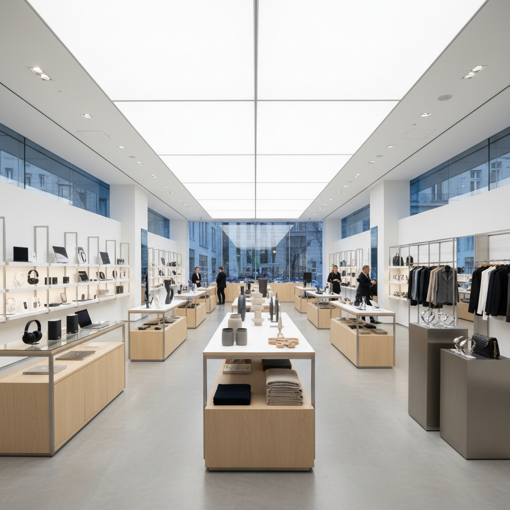 Modern interior design products displayed in bright minimalist showroom white walls