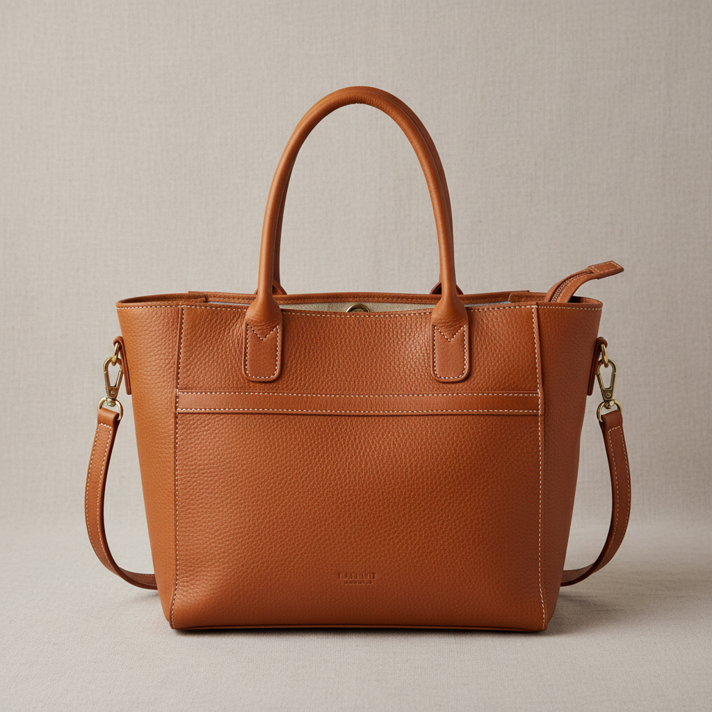 Brown leather backpack on neutral background, minimal product photo