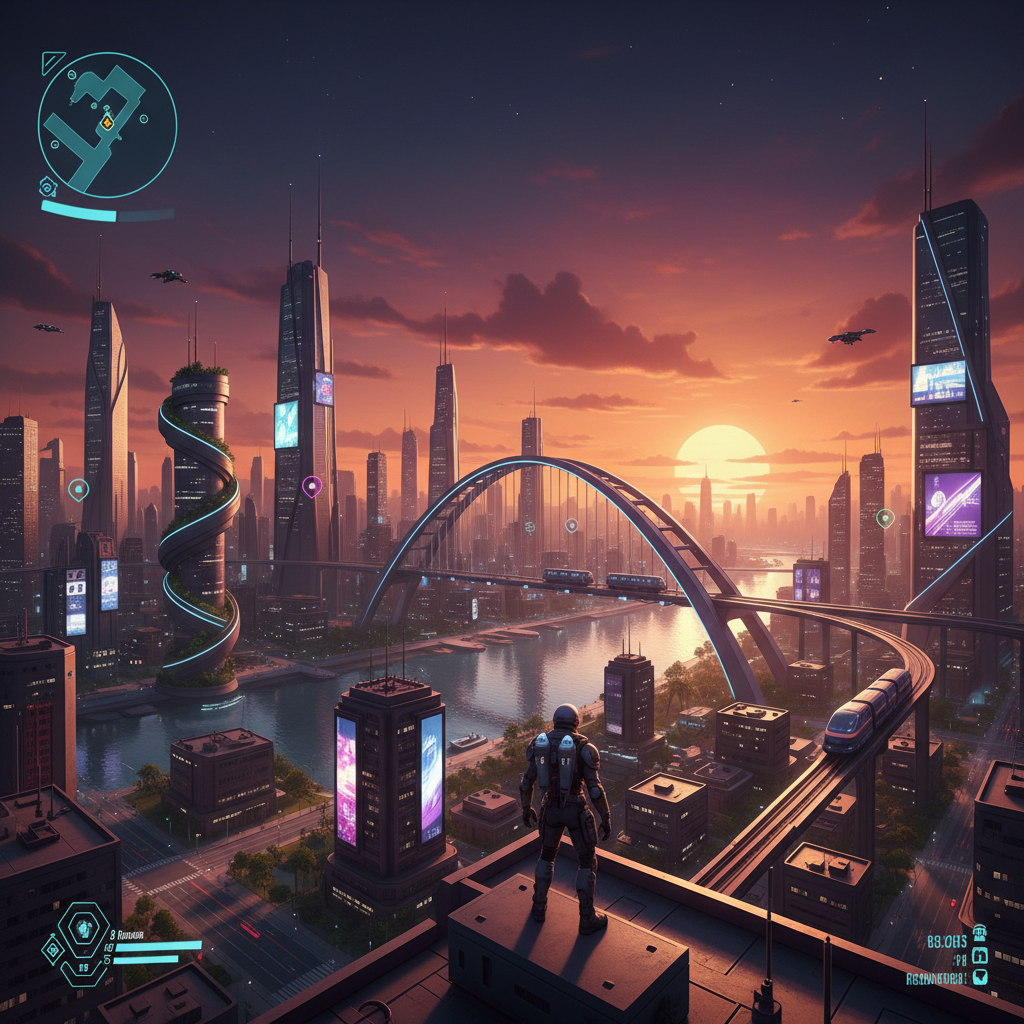 Gaming screen showing open world landscape, lush green environment with dramatic lighting and atmospheric effects