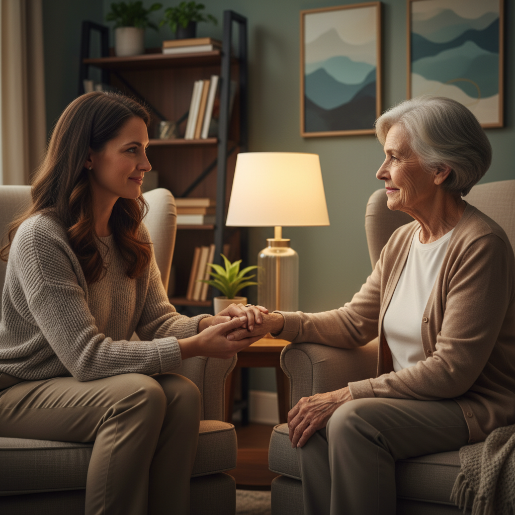 Compassionate neurologist consulting with elderly patient in warm clinical environment