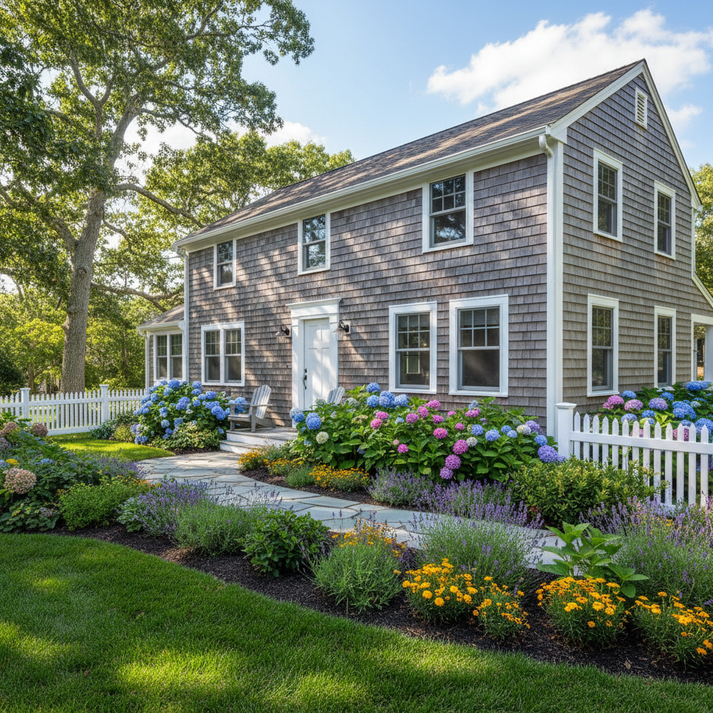 Renovated 1940s California farmhouse with white painted wood siding, updated windows, and mature oak tree in the yard