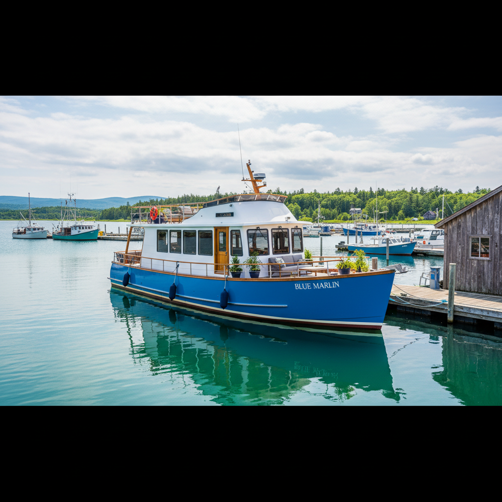 The Blue Marlin houseboat rental at Nellie's Landing Marina in Murray Harbour