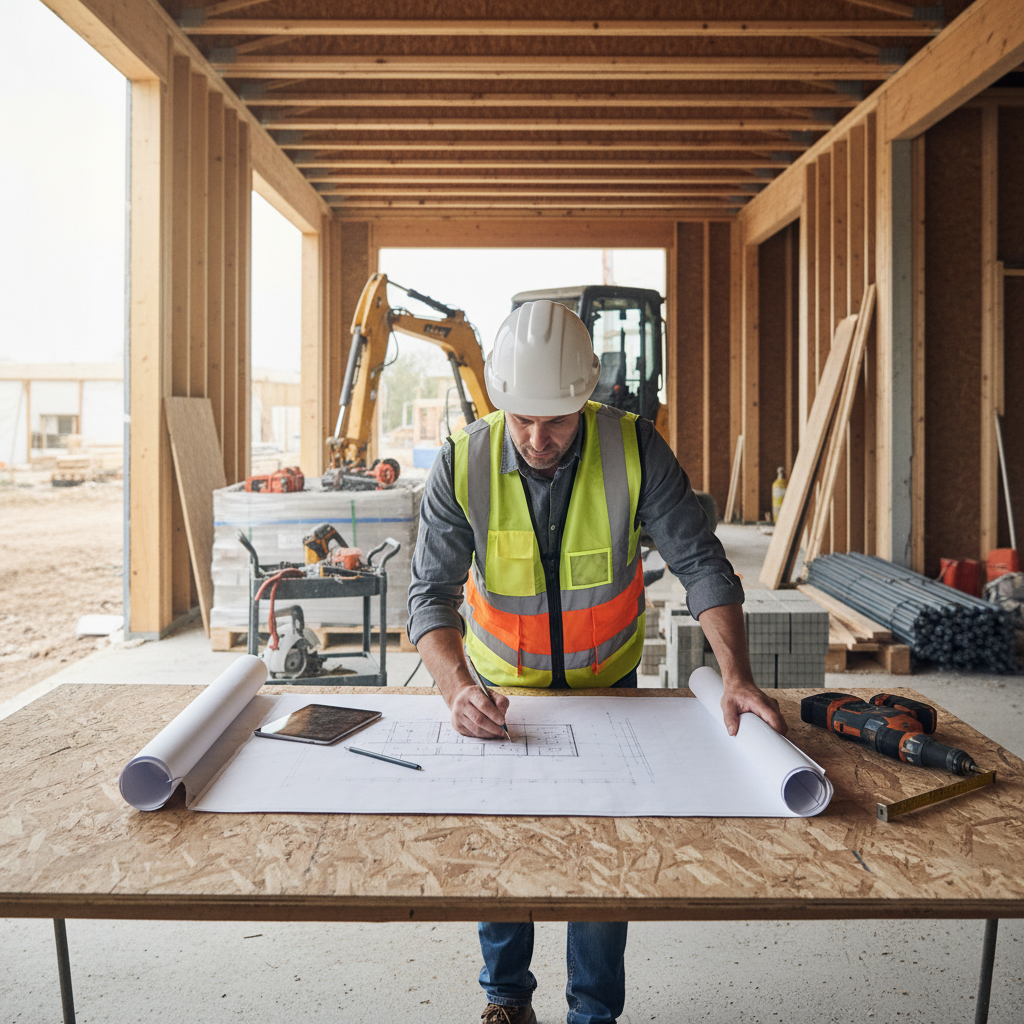 Professional contractor reviewing renovation plans in a bright, well-lit workspace with blueprints and tools