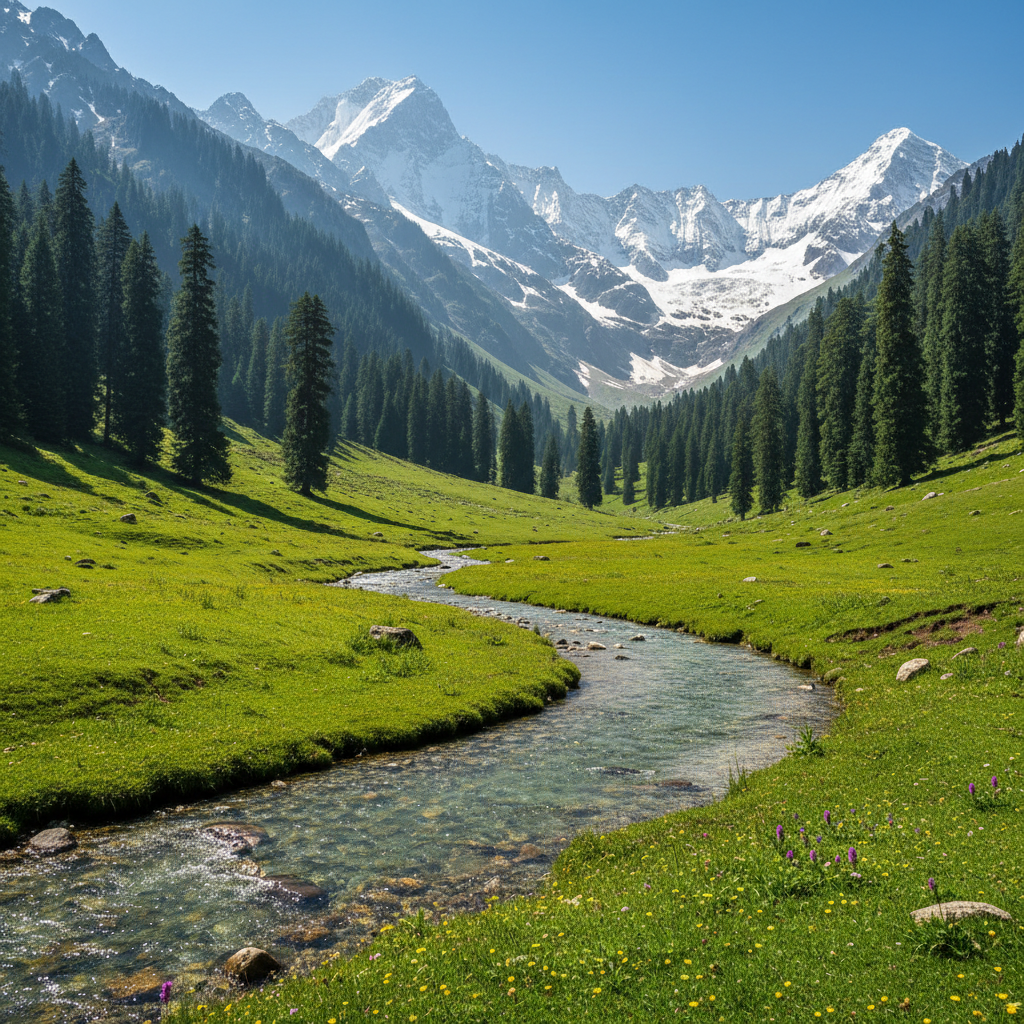 Luxury tent camp in Betaab Valley meadow with mountain views