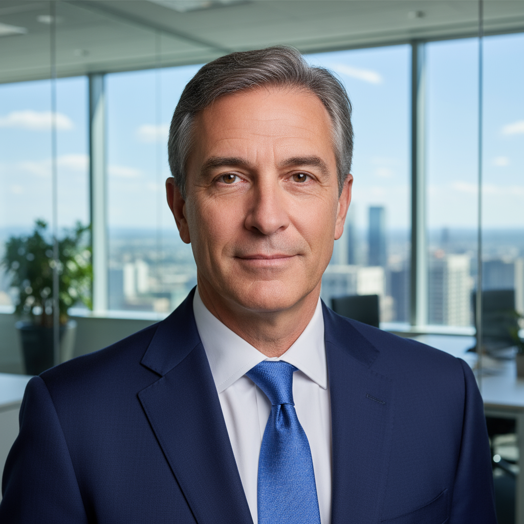 Professional headshot of middle-aged man with grey hair and beard wearing navy blazer in modern office
